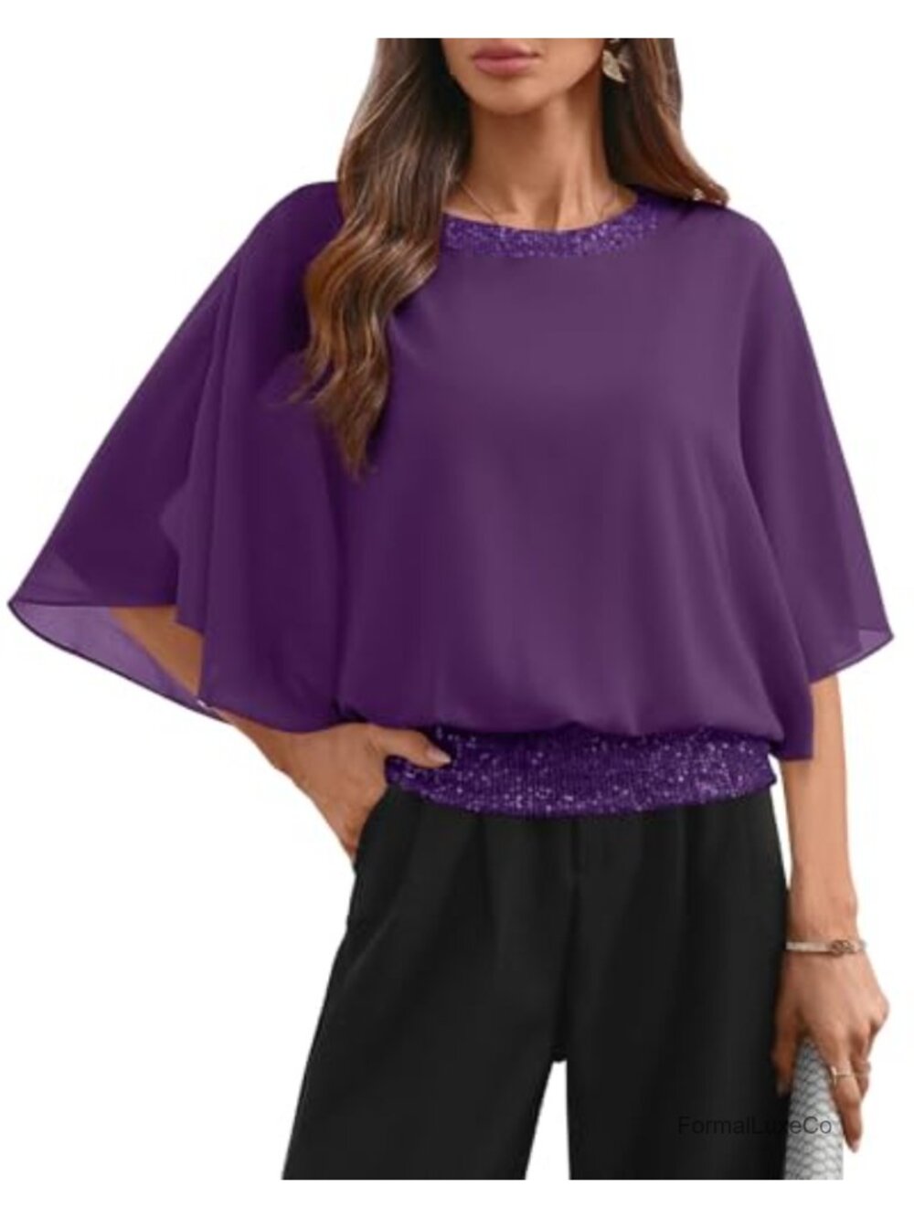 Womens Sequin Formal Wedding Top Batwing Sleeve Chiffon Party Shirt